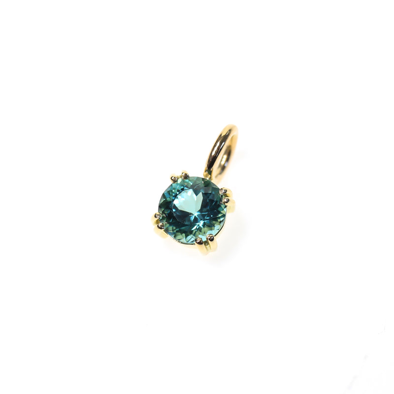 Teal Namibian tourmaline solitaire pendant set in 18kt yellow gold