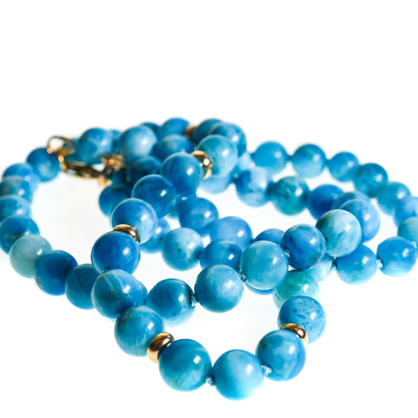 Apatite bead necklace in blue and solid gold, fine round polished beads knotted with silk thread, 45cm necklace.