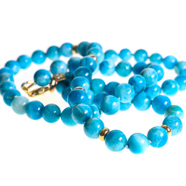 Apatite bead necklace in blue and solid gold, fine round polished beads knotted with silk thread, 45cm necklace.