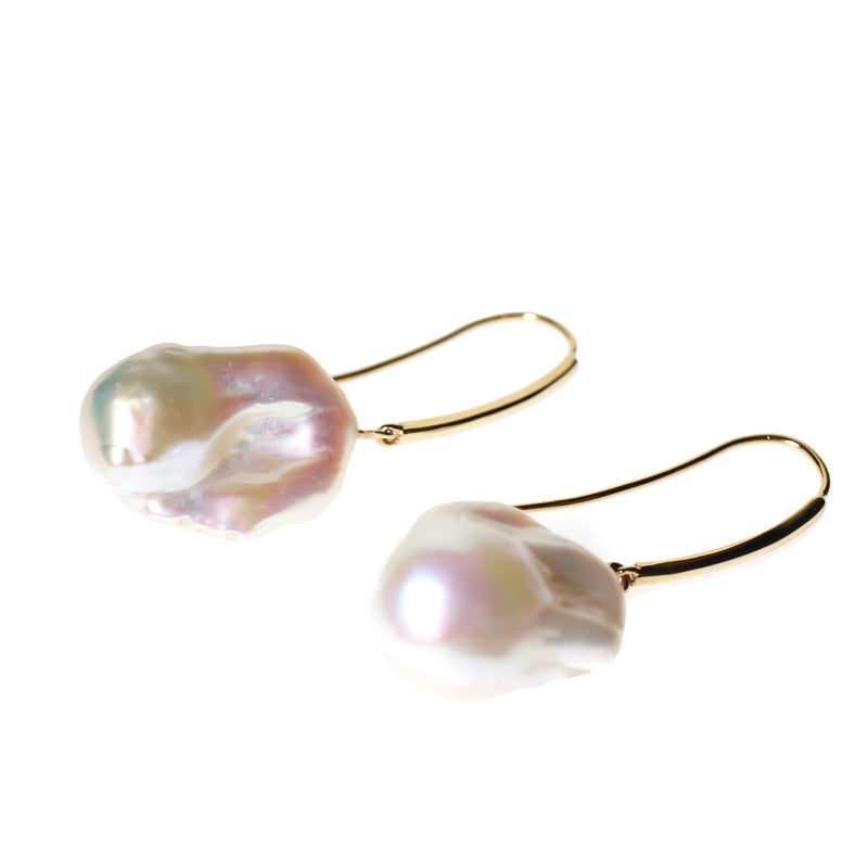 Freshwater baroque pearl earrings on long 19kt yellow gold hooks