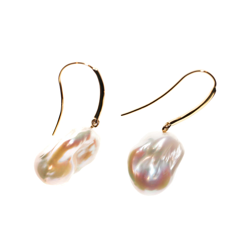 Freshwater baroque pearl earrings on long 19kt yellow gold hooks