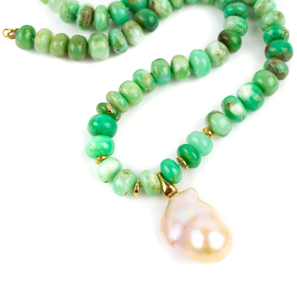 Chrysoprase and baroque pearl necklace. Freshwater pearl pendant is centrepiece of this beautiful green chrysoprase beaded necklace.
