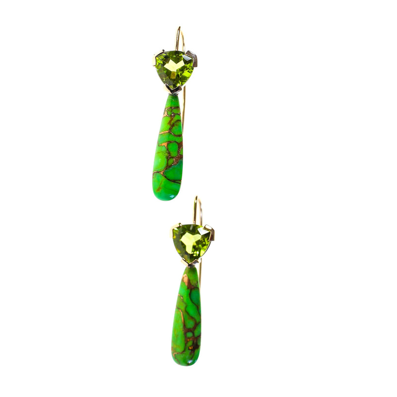 Peridot trilliant gems set with green turquoise drops in solid gold, hook style earrings by Tamahra Prowse