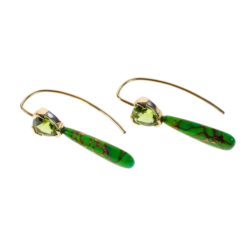 Peridot trilliant gems set with green turquoise drops in solid gold, hook style earrings by Tamahra Prowse