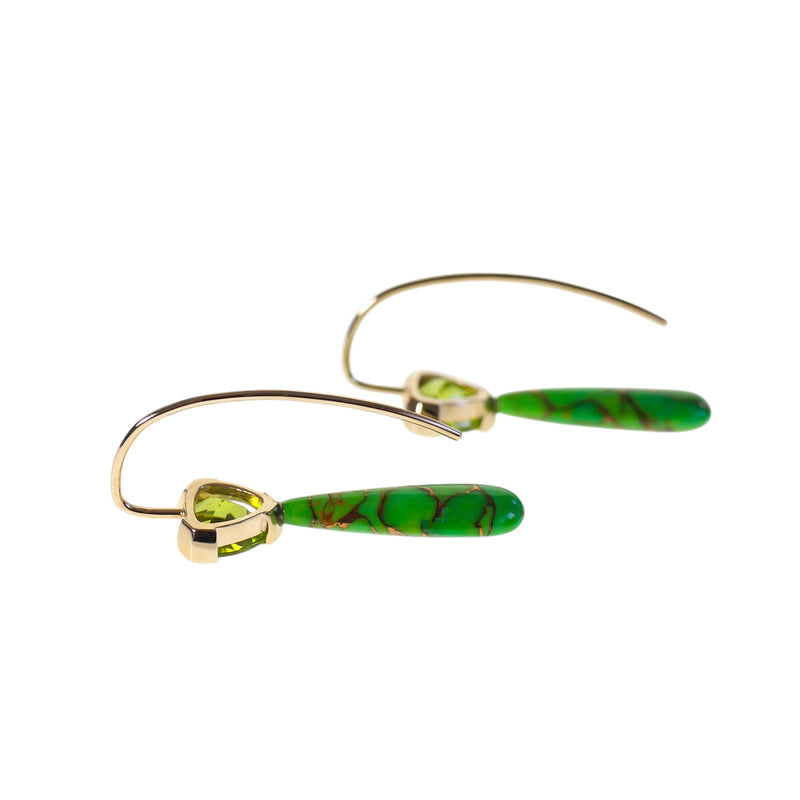 Peridot trilliant gems set with green turquoise drops in solid gold, hook style earrings by Tamahra Prowse