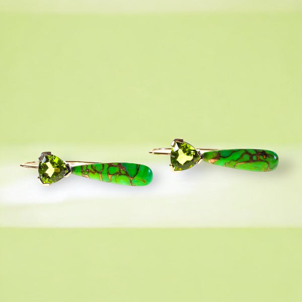 Peridot trilliant gems set with green turquoise drops in solid gold, hook style earrings by Tamahra Prowse