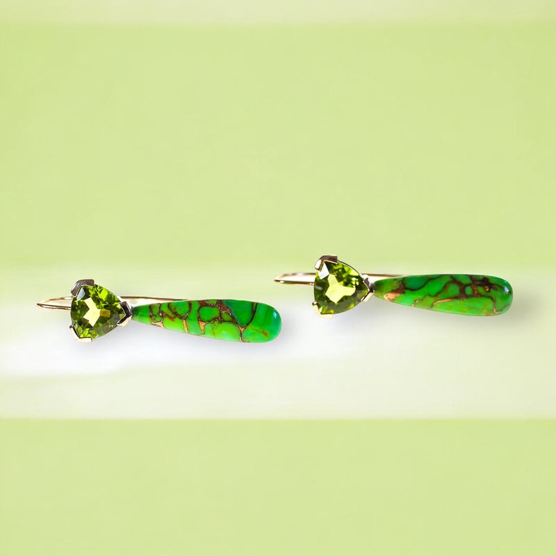 Peridot trilliant gems set with green turquoise drops in solid gold, hook style earrings by Tamahra Prowse