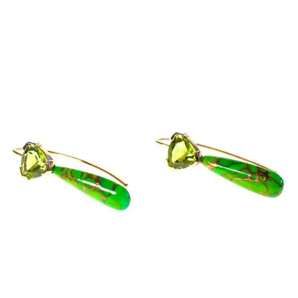 Peridot trilliant gems set with green turquoise drops in solid gold, hook style earrings by Tamahra Prowse