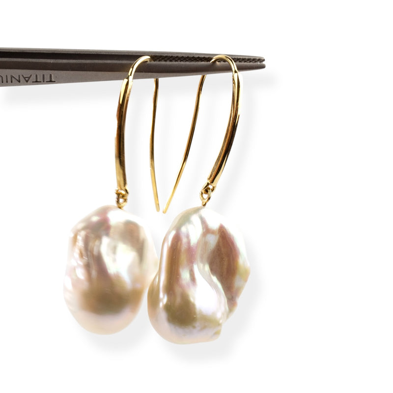 Freshwater baroque pearl earrings on long 18kt yellow gold hooks