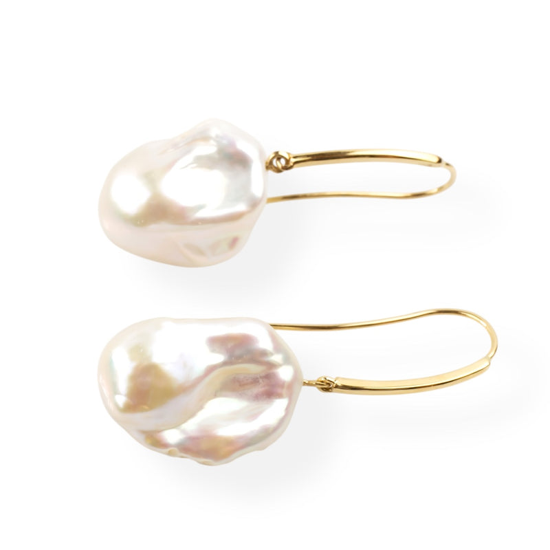 Freshwater baroque pearl earrings on long 18kt yellow gold hooks