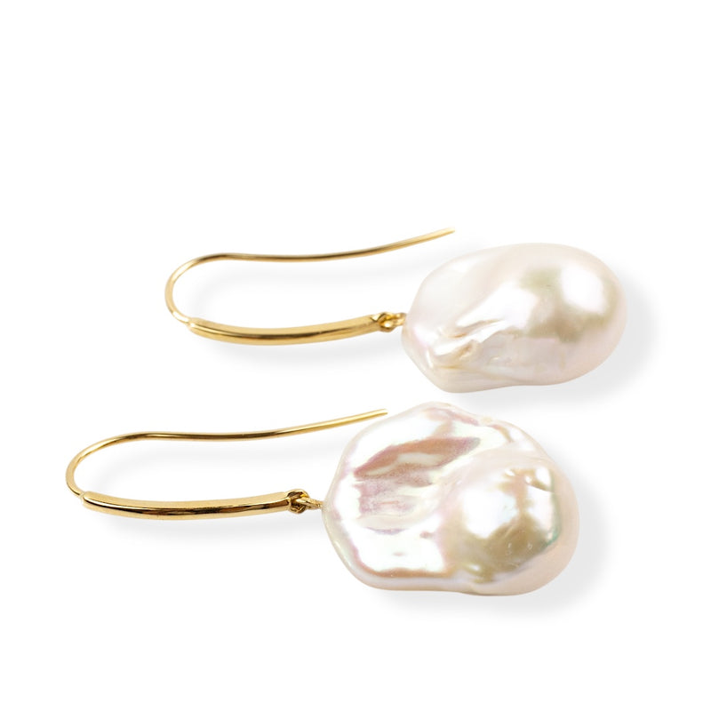 Freshwater baroque pearl earrings on long 18kt yellow gold hooks