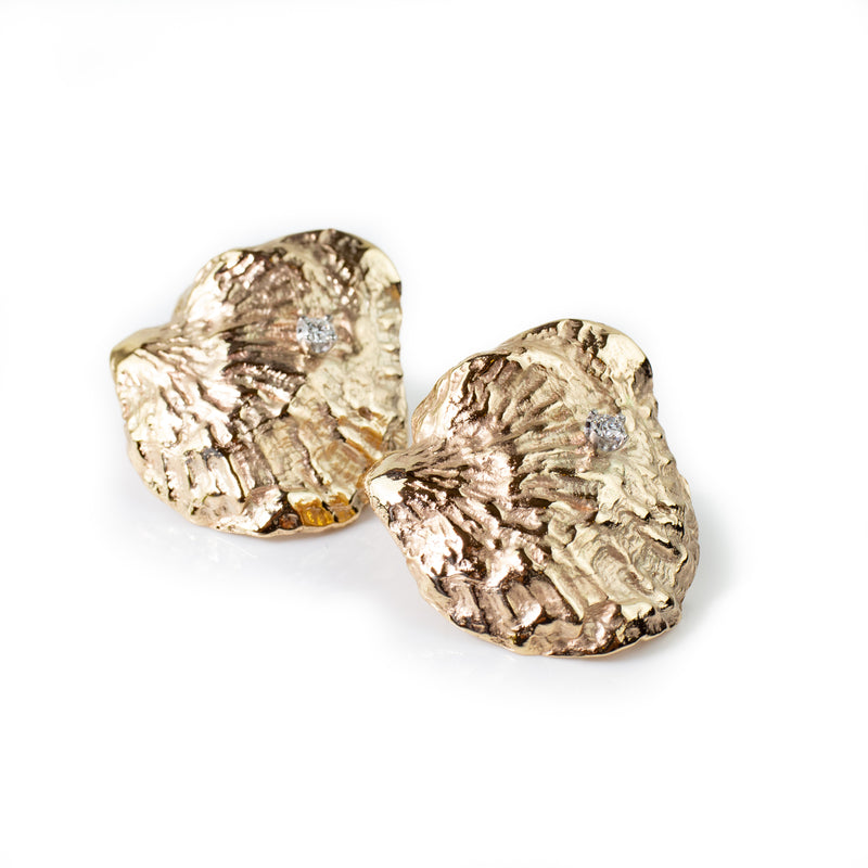 9kt gold and diamond earrings, cast from shells. An 80's power earring style, big bold gold earrings. Textured gold with diamonds, high polish and contrast.