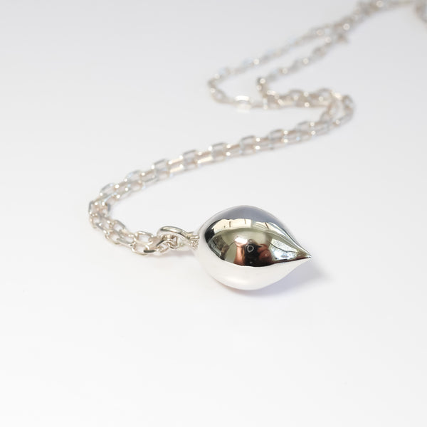 Sterling silver kelp pod pendant on fine sterling silver chain by jewellery designer Tamahra Prowse.
