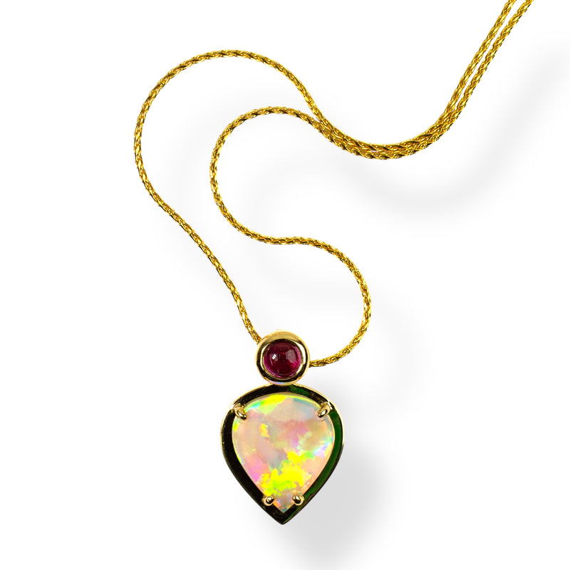 Australian crystal opal pendant set in 18 karat yellow gold with a bright pink rubellite