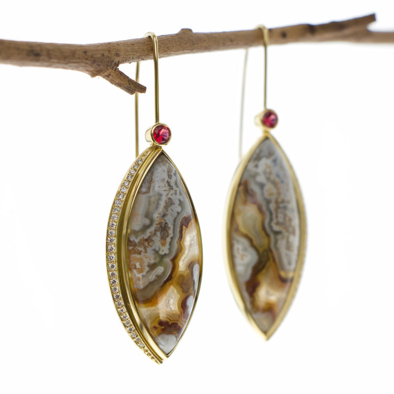 Tamahra Prowse Jasper, diamond and red spinel gold earrings. Custom design jewellery. 