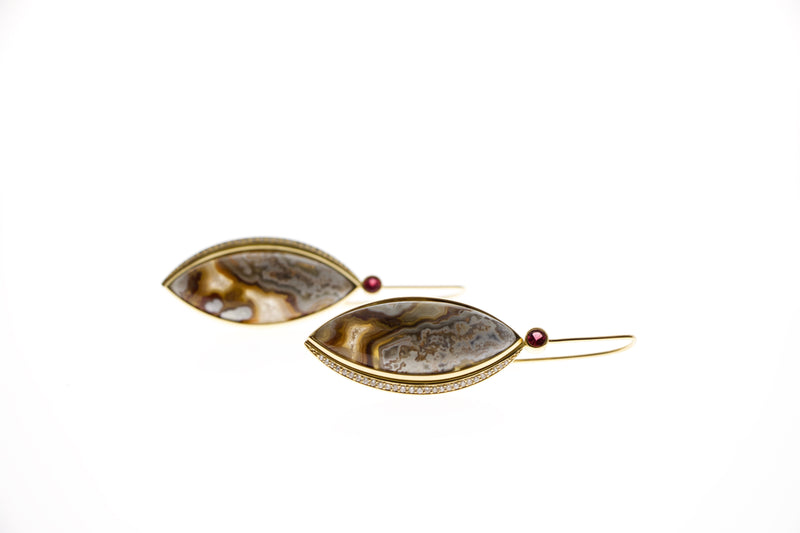 Tamahra Prowse Jasper, diamond and red spinel gold earrings. Custom design jewellery. 