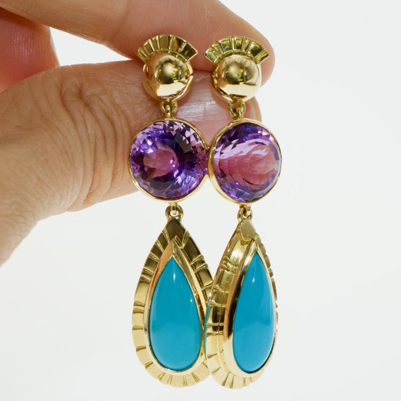 Tamahra Prowse amethyst and turquoise gold earrings. Large drop earrings with bold gemstones.