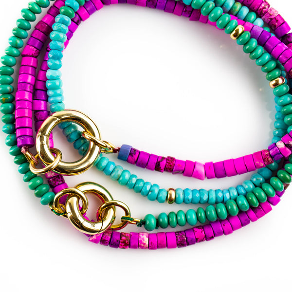 Hot pink dyed howlite necklace with solid gold accents by Tamahra Prowse