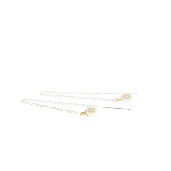 Tiny pearl threader earrings in silver and gold by Tamahra Prowse