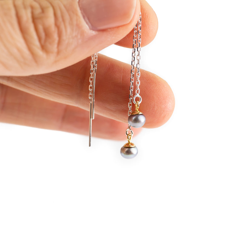 Tiny grey pearl threader earrings