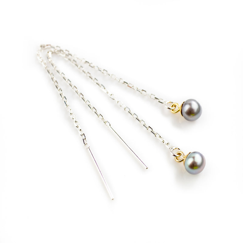 Tiny grey pearl threader earrings